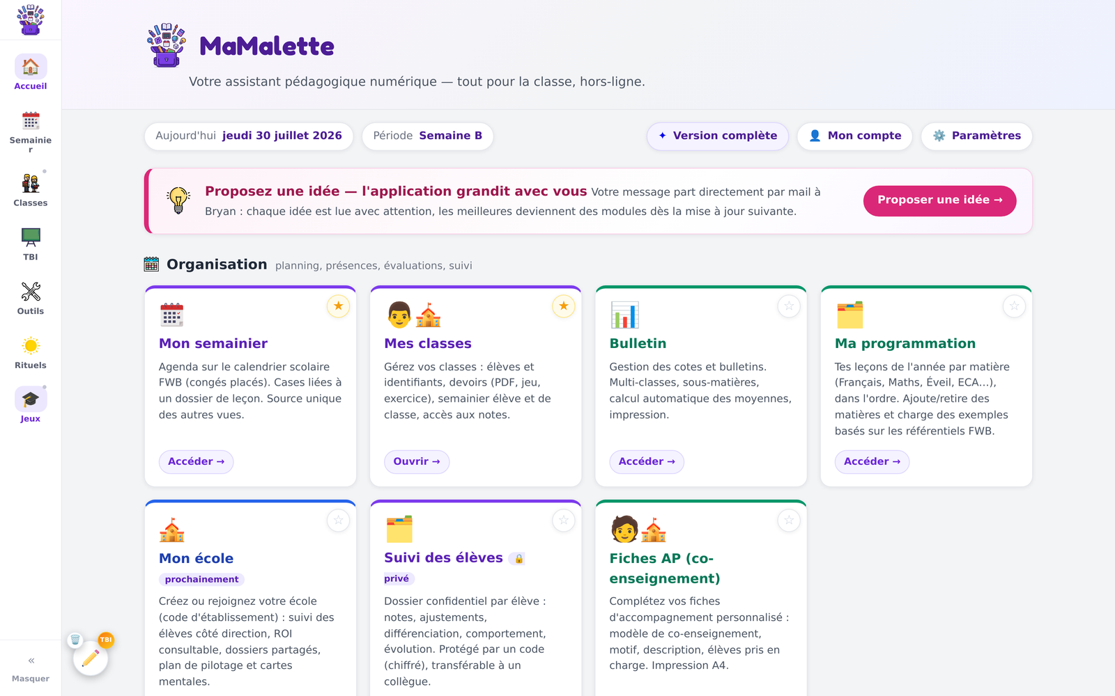 L’accueil de Mamallette, avec ses modules d’organisation et le bouton « Mon compte » en haut à droite.