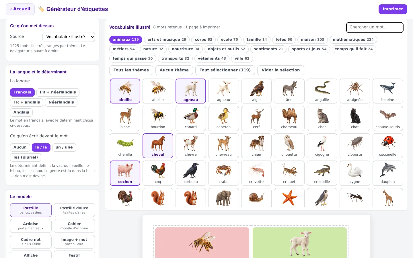 Le générateur d’étiquettes : 1 225 mots illustrés, 19 thèmes