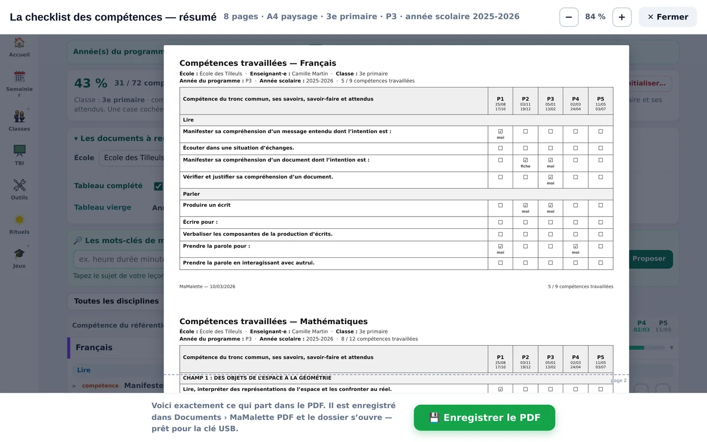 La programmation annuelle : Le tableau complété, en PDF A4 paysage