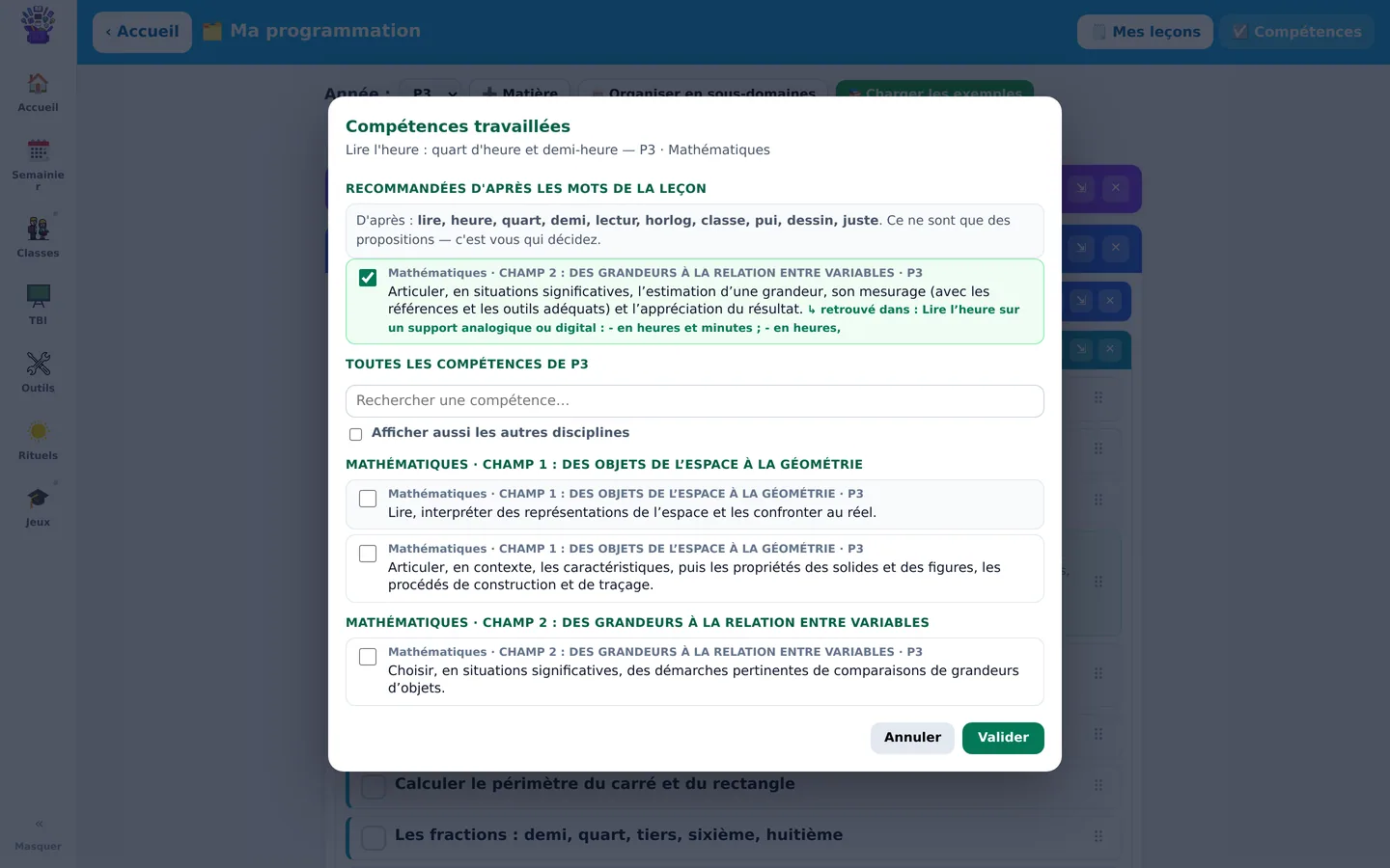 La programmation annuelle : Les compétences d’une leçon, proposées d’après ses mots