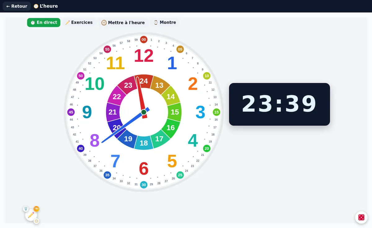 L’horloge pédagogique et ses repères pour apprendre à lire l’heure.