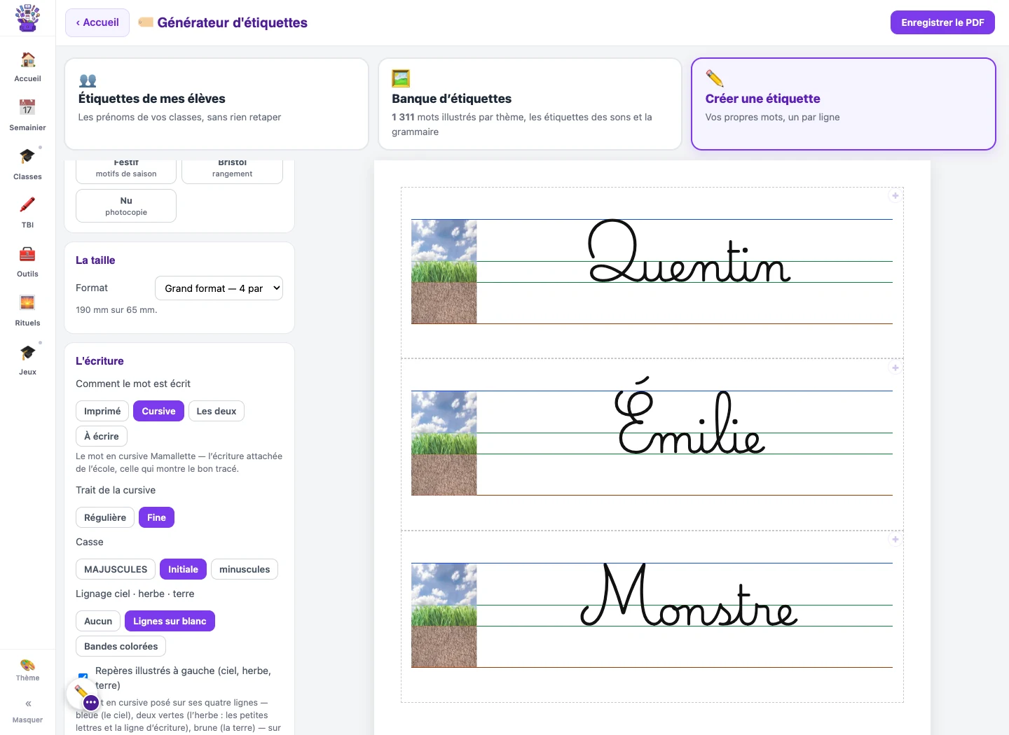 Des étiquettes fictives en cursive fine avec les repères ciel, herbe et terre.