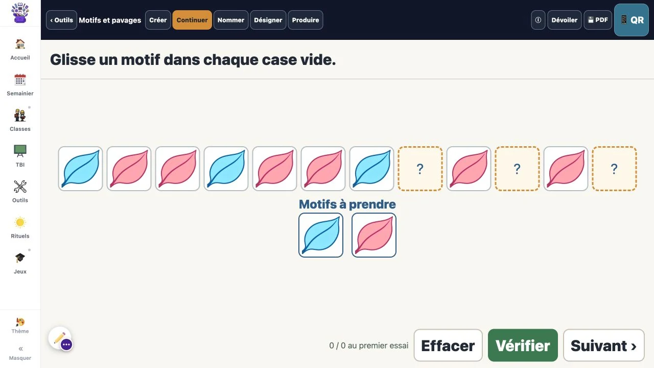 Un motif à compléter dans la page actuelle, avec sa banque de pièces.
