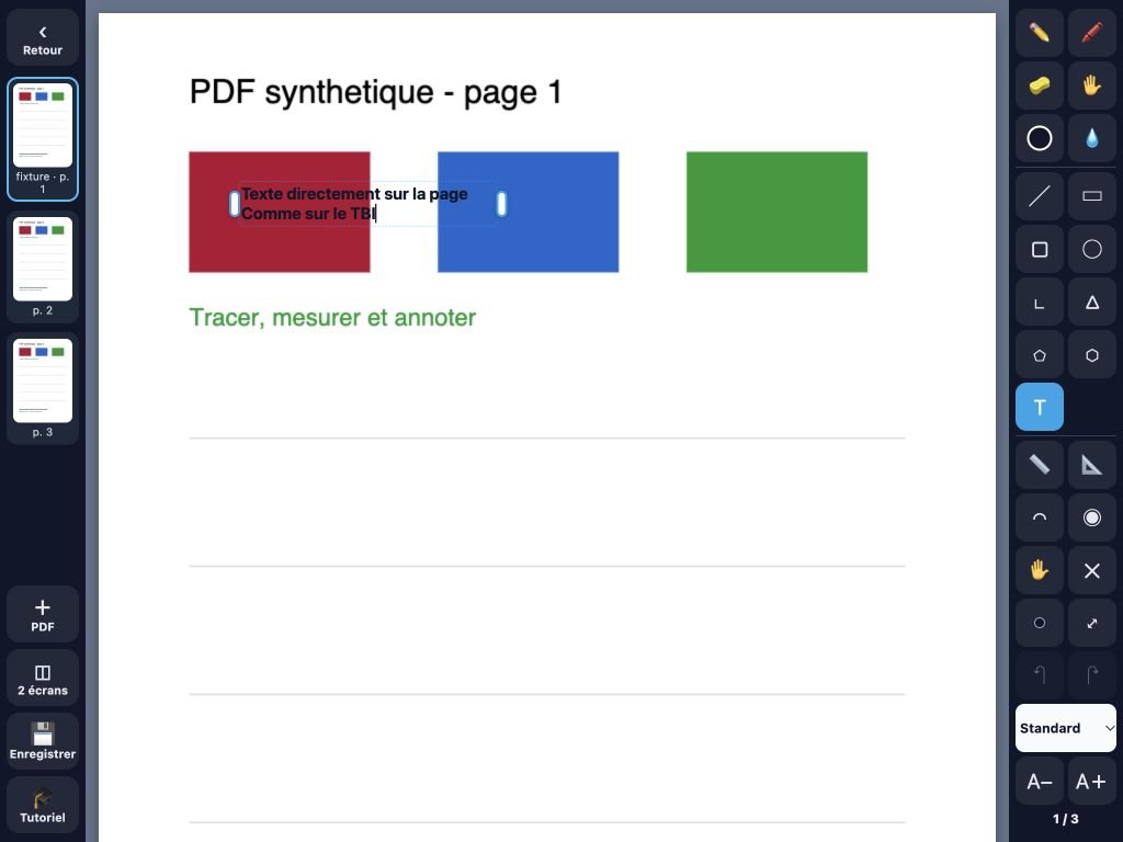 Le lecteur PDF actuel avec son éditeur de texte directement sur la page et ses commandes visibles.