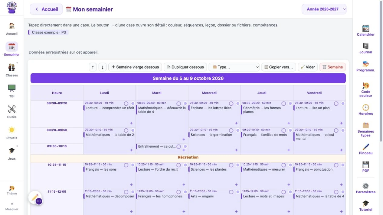 Semaine fictive : une activité de 80 minutes suivie de 20 minutes, dans la grille actuelle.