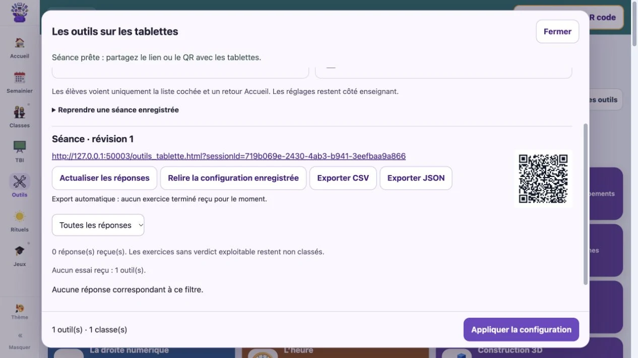 La vraie interface de préparation d’une séance d’outils avec son QR code synthétique.